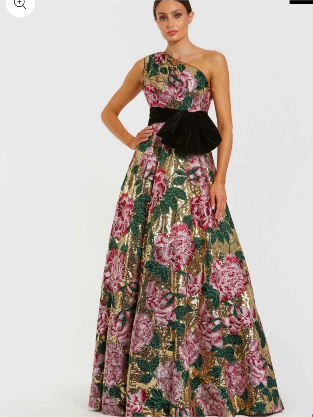 Mac Duggal Gold Sequin One-Shoulder Gown with Pink Floral & Black Bow